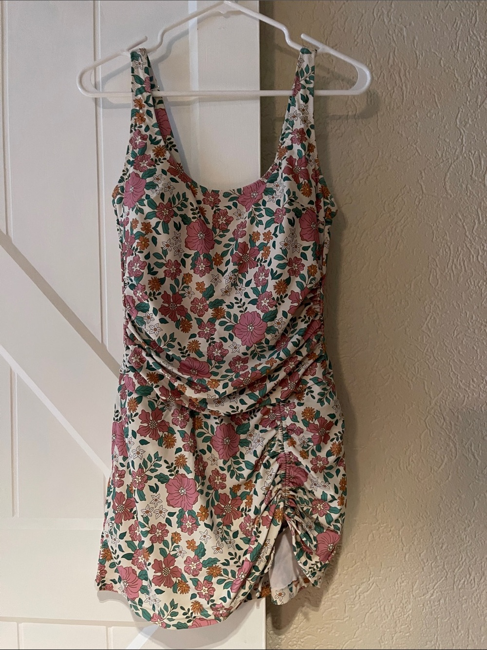 Cute Floral Ruched Swim Dress in Cream and Pink